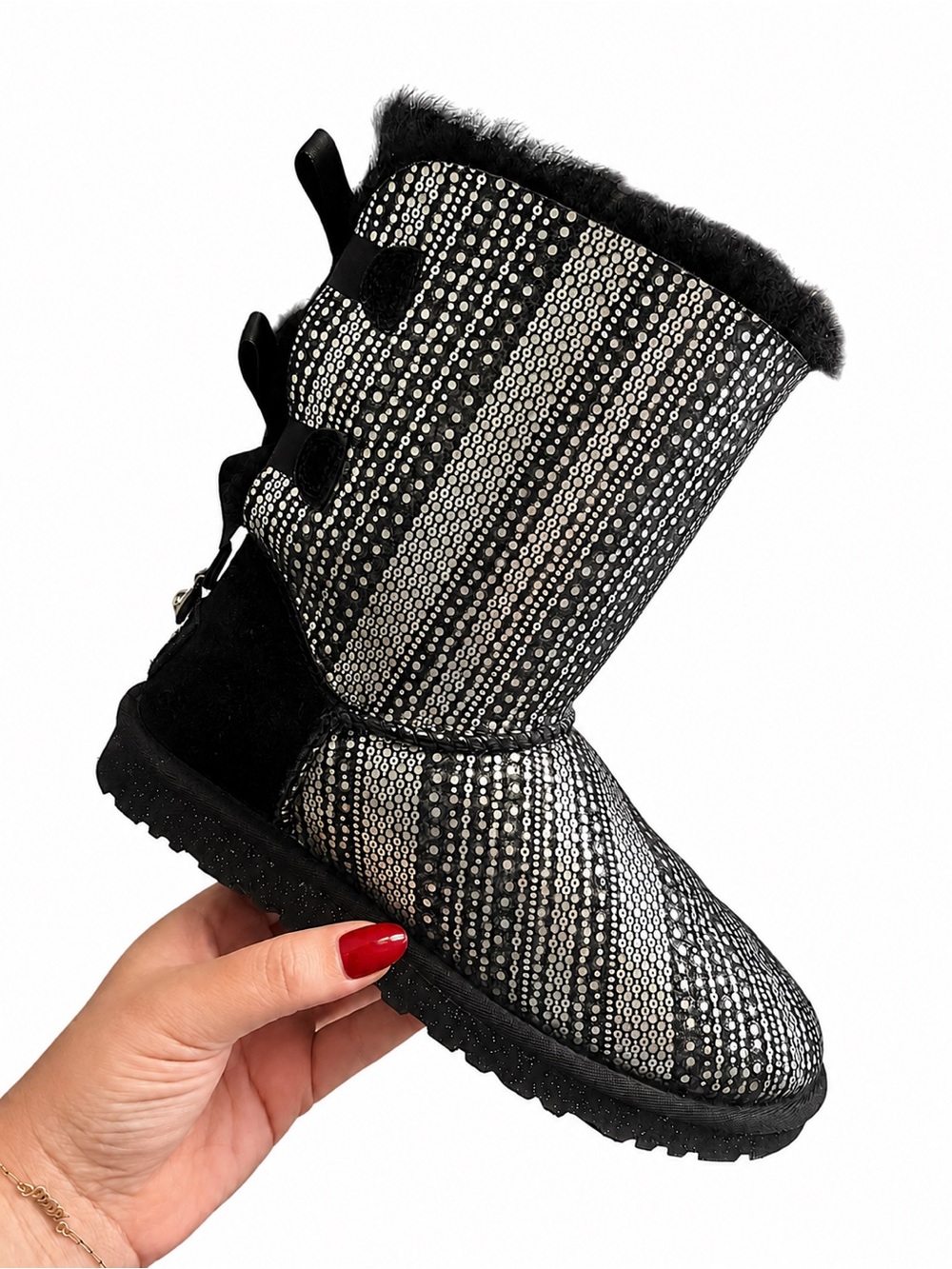 UGG Bailey Bow Bling 1004791 Swarovski Crystal Y2K Black Silver Boots Womens 6